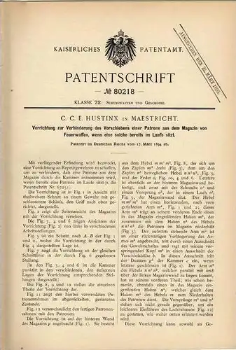 Original Patentschrift - C. Hustnix in Maestricht , 1894 , Magazin für Pistole , Gewehr , Waffe !!!