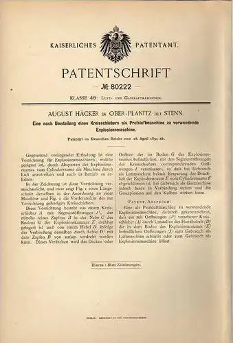 Original Patentschrift - A. Häcker in Oberplanitz b. Stenn , 1894 , Preßluftmaschine als Motor umstellbar !!!
