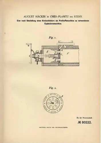 Original Patentschrift - A. Häcker in Oberplanitz b. Stenn , 1894 , Preßluftmaschine als Motor umstellbar !!!