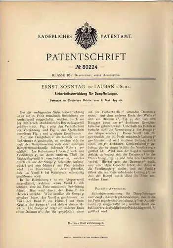 Original Patentschrift - E. Lauban i. Schl., 1894 , Sicherheitsvorrichtung für Dampfleitungen , Dampfmaschine !!!