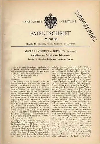 Original Patentschrift - A. Silverberg in Bedburg , 1894 , Druckmaschine für Kettengarn  !!!