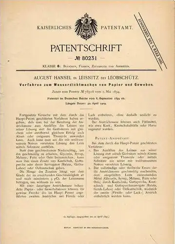 Original Patentschrift - A. Hansel in Leisnitz b. Leobschütz , 1894 , wasserdichtes Papier und Gewebe , Glubczyce !!!