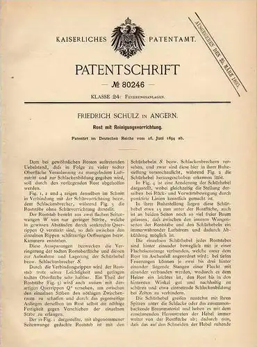 Original Patentschrift - F. Schulz in Angern , 1894 , Heuízung , Feuerung , Ofen , Rost mit Reinigungsvorrichtung !!!