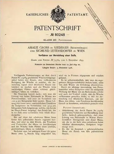 Original Patentschrift - A. Gross in Szederjes , Siebenbürgen , 1894 , Hertsellung von Seife !!!