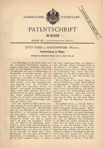 Original Patentschrift - O. Tolke in Marienwerder , Westpr., 1893 , Pflug , Landwirtschaft , Bauer !!!