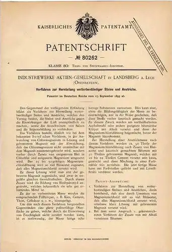 Original Patentschrift - Industriewerke AG in Landsberg a. Lech , 1893 , wetterbeständige Steine und Anstriche , Bau !!!