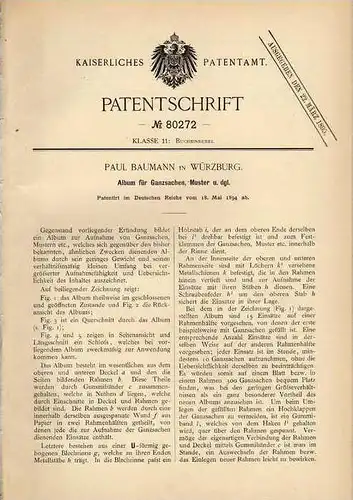 Original Patentschrift - P. Baumann in Würzburg , 1894 , Album für Ganzsachen , Sammlung  !!!