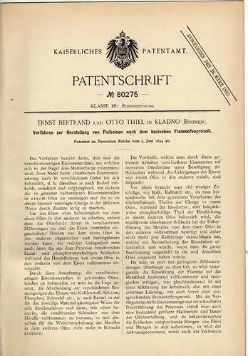 Original Patentschrift - O. Thiel in Kladno , 1894 , Flammofen , Eisenerzeugung , Eisen , Stahl !!!