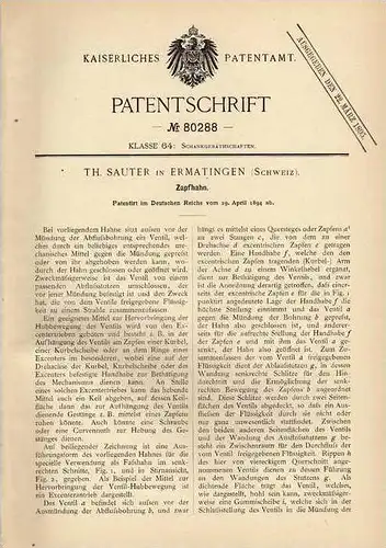 Original Patentschrift - Th. Sauter in Ermatingen , Schweiz , 1894 , Zapfhahn , Zapfanlage , Bier , Kneipe !!!