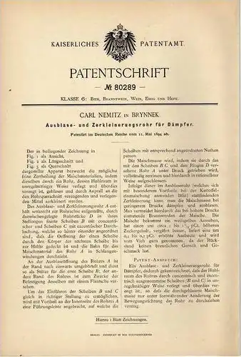 Original Patentschrift - C. Nemitz in Brynnek , 1894 , Zerkleinerung v. Maische , Brauerei , Bier , Alkohol !!!