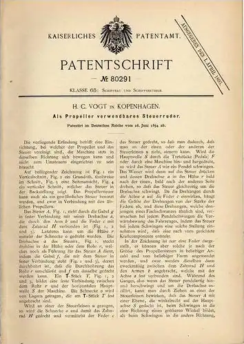 Original Patentschrift - H. Vogt in Kopenhagen , 1894 , Steuerruder als Propeller !!!