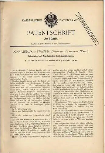 Original Patentschrift - J. Lefeaux in Swansea , Wales , 1894 , Schaufelrad für Schiff , Dampfer !!!