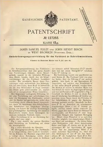 Original Patentschrift - J. Foley in West Bromich , England , 1900 , Apparat für Schreibmaschine !!!
