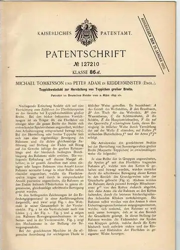 Original Patentschrift - P. Adam in Kidderminster , 1899 , Webstuhl für Teppich , Weberei !!!