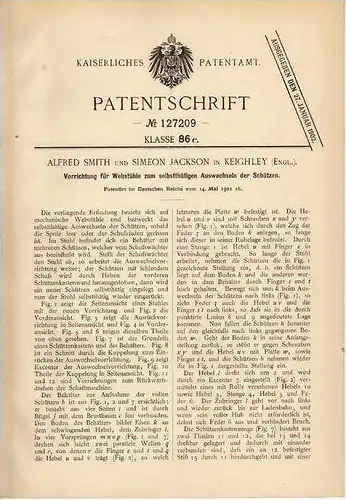 Original Patentschrift - A. Smith in Keighley , England , 1901 , Webstuhl , Weberei , Weben !!!