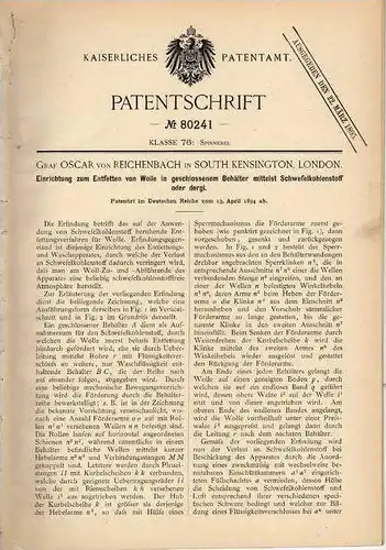 Original Patentschrift - Graf v. Reichenbach in South Kensington , 1894 , Apparat zum Entfetten von Wolle , Spinnerei !!
