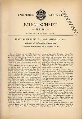 Original Patentschrift - E. Schulze in Hirschfelde i. Sachsen , 1894 , Kutsche , Viehwagen !!!