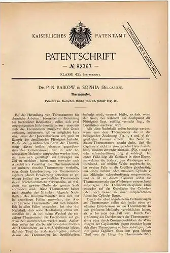 Original Patentschrift - Dr. Raikow in Sophia , 1895 , Thermometer !!!