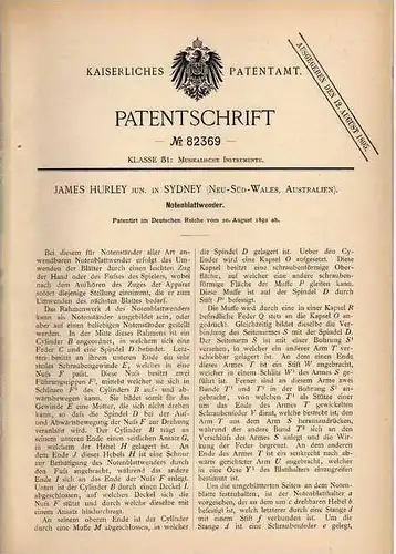 Original Patentschrift - J. Hurley in Sydney , Australien , 1892 , Notenblattwender , Musik !!!