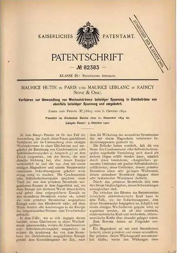 Original Patentschrift - M. Hutin in Le Raincy ,1894 , Umwandlung von Strom , Condensator , Elektrik , Seine et Oise !!!