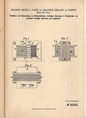 Original Patentschrift - M. Hutin in Le Raincy ,1894 , Umwandlung von Strom , Condensator , Elektrik , Seine et Oise !!!