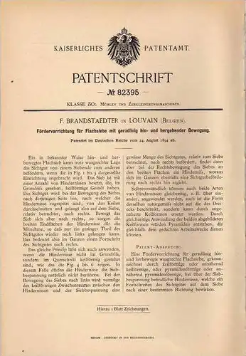 Original Patentschrift - F. Brandstaedter in Louvain , 1894 , Flachsieb , Sieb , Mühle !!!