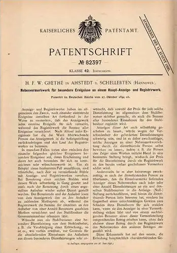 Original Patentschrift - H. Grethe in Ahstedt b. Schellerten , 1894 , Zählwerk , Instrument , Registrieruhr !!!