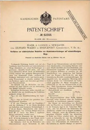 Original Patentschrift - L. Waldo in Bridgeport und New Haven , 1894 , elektrolytische Reduktion , Aluminium !!!