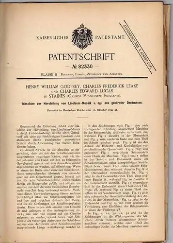 Original Patentschrift - Ch. Lucas in Staines , 1894 , Linoleum - Mosaik - Machine !!!