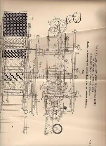 Original Patentschrift - Ch. Lucas in Staines , 1894 , Linoleum - Mosaik - Machine !!!
