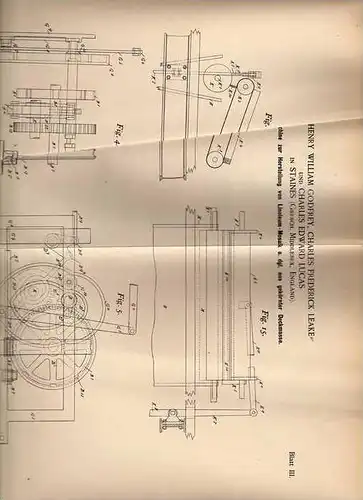 Original Patentschrift - Ch. Lucas in Staines , 1894 , Linoleum - Mosaik - Machine !!!