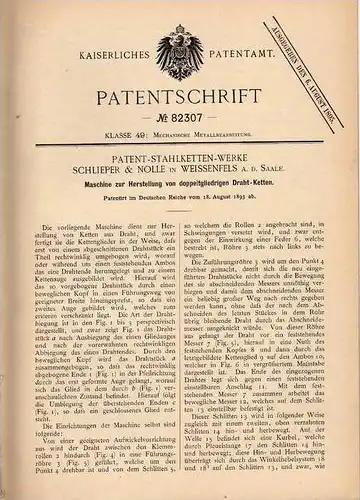 Original Patentschrift - Stahlkettenwerk in Weissenfels a.d. Saale , 1893 , Maschine für doppeltgliedrige Draht-Ketten !