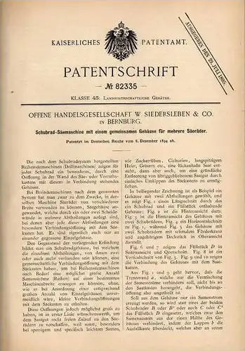 Original Patentschrift - W. Siedersleben in Bernburg , 1894 , Säemaschine , Landwirtschaft , Drille , Agrar !!!