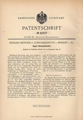 Original Patentschrift - R. Dietrich in Concordiahütte b. Bendorf , 1894 , Schweißofen , Schweißen !!!