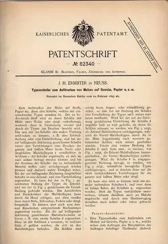 Original Patentschrift - J. Ermbter in Neuss , 1895 , Typenscheibe zum Druck auf Gewebe und Papier !!!