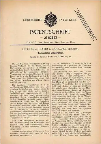 Original Patentschrift - G. de Geyter in Mouscron , 1893 , Brauverfahren , Brauerei , Bier , Alkohol !!!