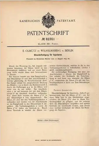 Original Patentschrift - E. Olmütz in Wilhelmsberg b. Berlin , 1894, Düsenbefestingung für Injektoren !!!