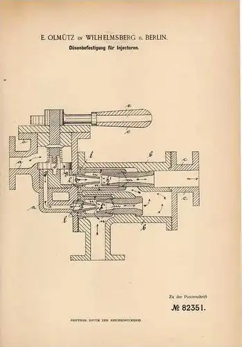 Original Patentschrift - E. Olmütz in Wilhelmsberg b. Berlin , 1894, Düsenbefestingung für Injektoren !!!