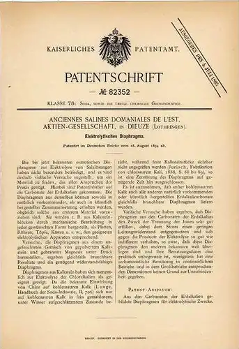 Original Patentschrift - Domaniales de Lèst AG in Dieuze , 1894 , Eletrolytisches Diaphragma !!!