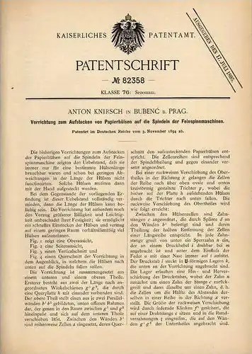 Original Patentschrift - A. Knirsch in Bubenc b. Prag , 1894 , Spinnmaschine , Spinnerei  !!!