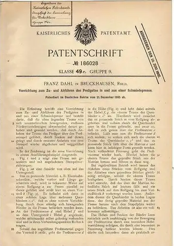 Original Patentschrift - F. Dahl in Bruckhausen , 1905 , Presse , Schmiedepresse , Schmied !!!