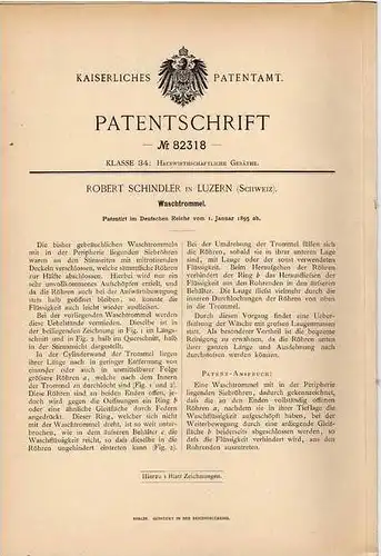 Original Patentschrift - R. Schindler in Luzern , 1895 , Waschmaschine , Waschtrommel !!!