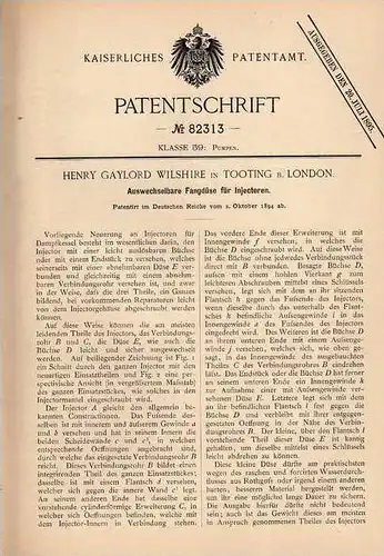 Original Patentschrift - H. Wilshire in Tooting b. London , 1894 , Injector - Düse !!!