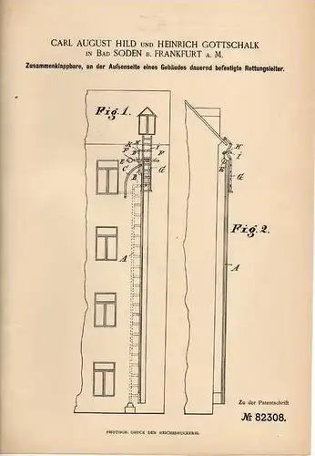 Original Patentschrift - C. Hild in Bad Soden b. Frankfurt , 1894 , Rettungsleiter , Feuerwehr , Rettung !!!
