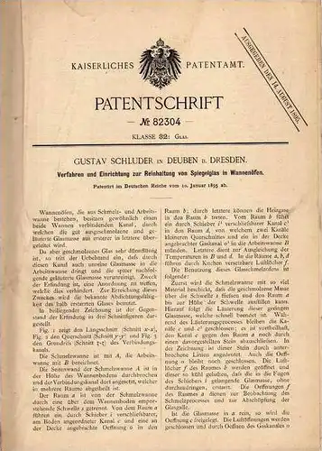 Original Patentschrift - G. Schluder in Deuben b. Dresden , 1895 , Spiegelglas für Öfen , Glas , Glashütte , Glaserei !!