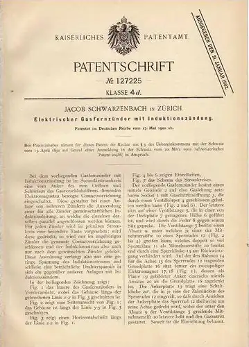 Original Patentschrift - J. Schwarzenbach in Zürich , 1900 , elektrischer Gaszünder !!!
