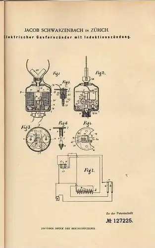 Original Patentschrift - J. Schwarzenbach in Zürich , 1900 , elektrischer Gaszünder !!!