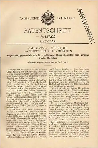 Original Patentschrift - C. Caspar in Ründeroth und München , 1899 , Chrom - Siliciumstahl , manganarm !!!