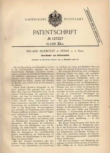 Original Patentschrift - E. Zickwolff in Fenne , 1900 , Ofen für Glas , Glaswerk , Glashütte !!!