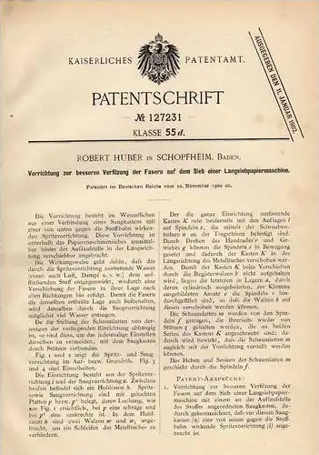 Original Patentschrift - R. Huber in Schopfheim , 1900 , Langsiebpapiermaschine !!!